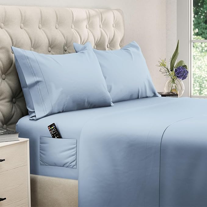 DREAMCARE Sheet Set - 4pcs Cooling Microfiber, Deep Pocket King, Hotel Luxury, Soft 100% Fine Microfiber with Side Pocket - Light Blue - LeafyLoom