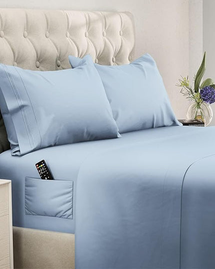 DREAMCARE Twin XL Sheet Sets - Cooling Bed Sheets - 4pcs Set - up to 15" Deep Pocket Twin XL Sheets - XL Twin Sheet Set – Soft & Long Lasting 100% Fine Brushed Polyester with Side Pocket - Light Blue - LeafyLoom