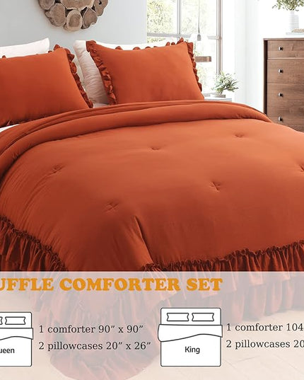 Terracotta Ruffled Comforter King Size,Shabby Burnt Orange Chic Farmhouse Bedding Lightweight Fluffy Ruffle Bed Comforter Aesthetic Rustic Bed Set 3 Pieces - LeafyLoom