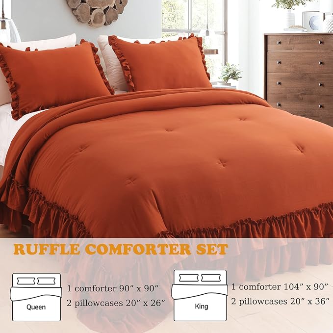 Terracotta Ruffled Comforter King Size,Shabby Burnt Orange Chic Farmhouse Bedding Lightweight Fluffy Ruffle Bed Comforter Aesthetic Rustic Bed Set 3 Pieces - LeafyLoom