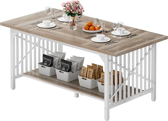 DWVO 70.8" Large Kitchen Dining Table for 6-8 People, Farmhouse Industrial Kitchen Table with Storage, Rectangle Apartment Rustic Dinning Room Dinette Tables for Eating Dinner - LeafyLoom