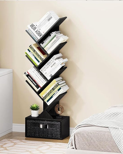 Vagusicc 6 Tier Tree Bookshelf, Modern Floor Standing Bookcase with Storage Drawer, Tall Wood Book Storage Rack for CDs/Books, Utility Book Organizer Shelves for Bedroom/Living Room/Home Office/Corner - LeafyLoom