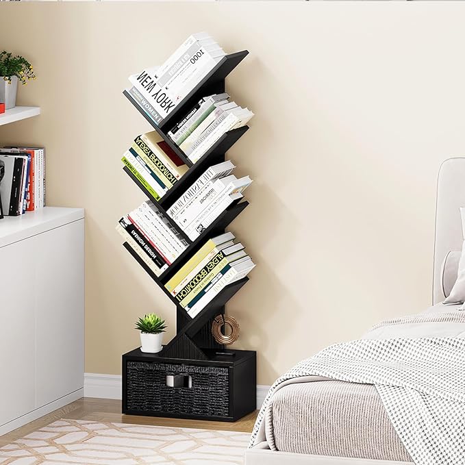 Vagusicc 6 Tier Tree Bookshelf, Modern Floor Standing Bookcase with Storage Drawer, Tall Wood Book Storage Rack for CDs/Books, Utility Book Organizer Shelves for Bedroom/Living Room/Home Office/Corner - LeafyLoom