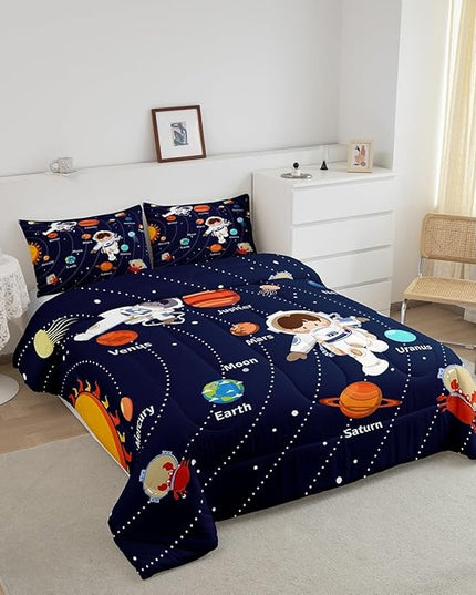 Feelyou Solar System Comforter Set King Size Outer Space Comforter for Kids Teens Adults Universe Planets Bedding Set Cute Astronaut Blue Duvet Set Room Decor 3Pcs with 2 Pillow Case - LeafyLoom