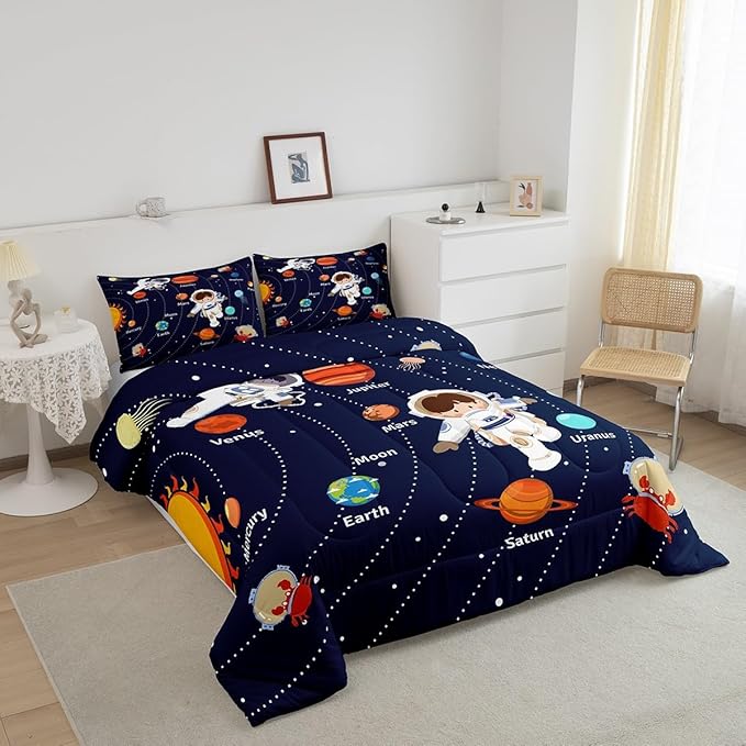 Feelyou Solar System Comforter Set King Size Outer Space Comforter for Kids Teens Adults Universe Planets Bedding Set Cute Astronaut Blue Duvet Set Room Decor 3Pcs with 2 Pillow Case - LeafyLoom