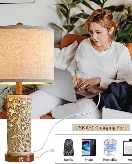 OYEARS 3-Way Dimmable 22'' USB A+C Touch Control Table Lamp with Nightlight for Living Room Bedroom Farmhouse Bedside Nightstand Lamps (Brown Bulb Included - LeafyLoom