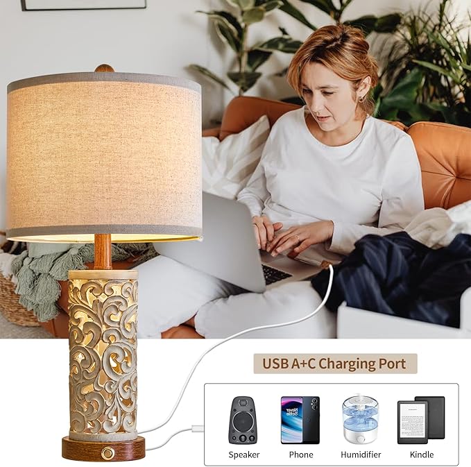 OYEARS 3-Way Dimmable 22'' USB A+C Touch Control Table Lamp with Nightlight for Living Room Bedroom Farmhouse Bedside Nightstand Lamps (Brown Bulb Included - LeafyLoom