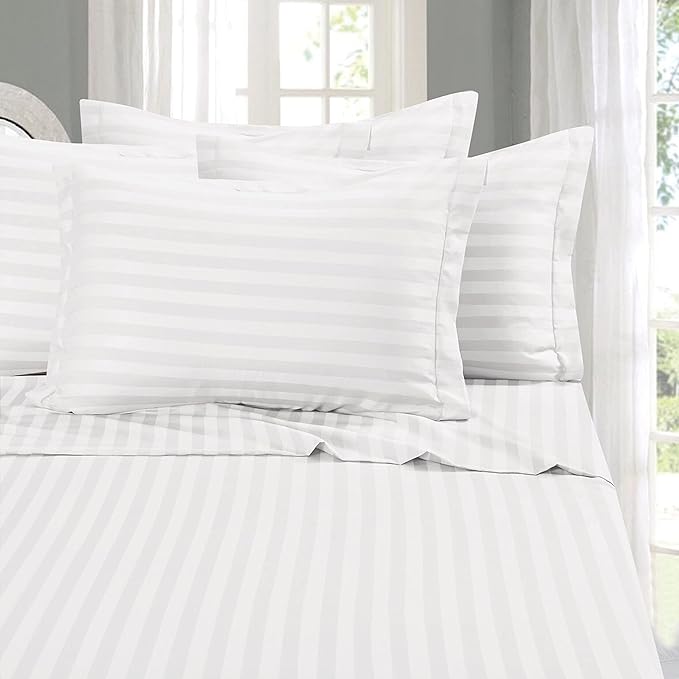 Elegant Comfort Best, Softest, Coziest 6-Piece Sheet Sets! - 1500 Premier Hotel Quality Luxurious Wrinkle Resistant 6-Piece DAMASK STRIPE Bed Sheet Set, Full White - LeafyLoom