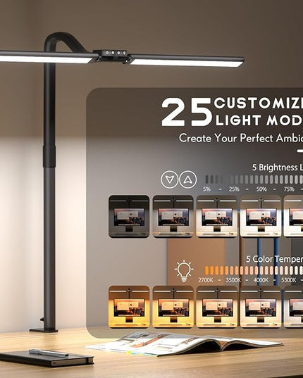 Quntis Desk Lamp for Home Office, 30.7'' Double Head Architect Desk Light with Clamp, 24W Bright 25 Lighting Modes Eye Care No Glare, Adjustable Gooseneck Task Lamp Workbench Reading Study, Gray - LeafyLoom