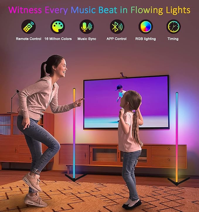 RGB Corner Floor Lamp, Color Changing Mood Lighting with App and Remote Control, Music Sync/DIY Colors, Modern LED Floor Lamp for Bedroom Living Rooms Gaming Room, 16 Million Colors & Scene Mode - LeafyLoom