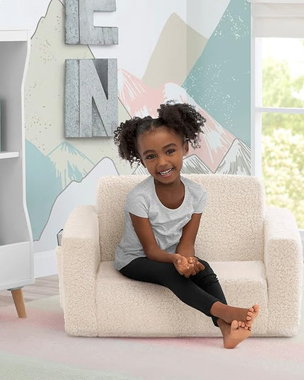 Delta Children Cozee Flip-Out Sherpa 2-in-1 Convertible Chair to Lounger for Kids, Cream - LeafyLoom