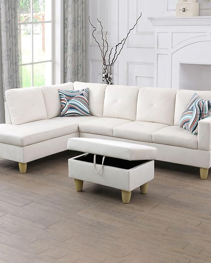 L-Shaped Sectional Couches with 66.5'' Chaise Lounge & Storage Ottoman Modular Room Sofas for Home Office Apartment, Large Living Furniture, 97'' Left Hand Facing, White Flannel - LeafyLoom
