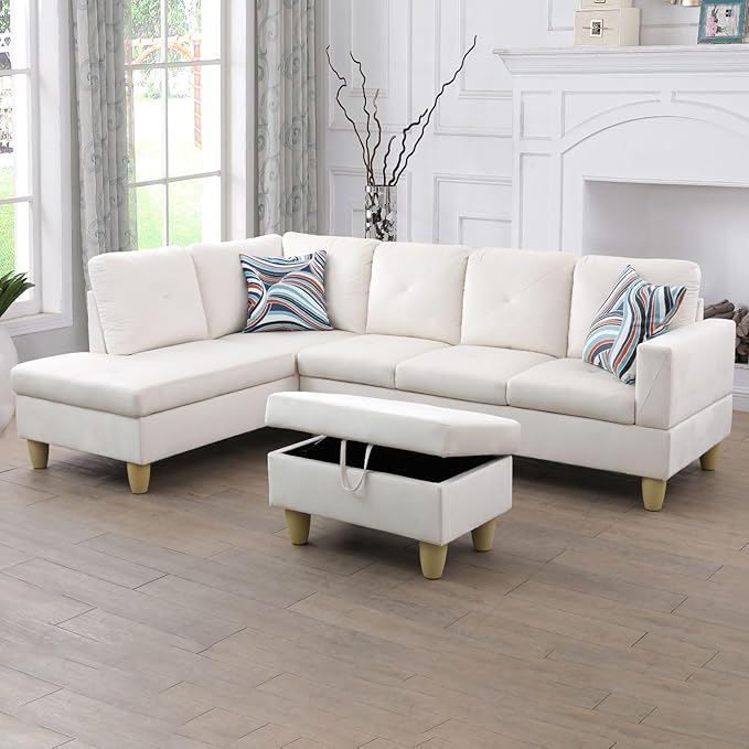 L-Shaped Sectional Couches with 66.5'' Chaise Lounge & Storage Ottoman Modular Room Sofas for Home Office Apartment, Large Living Furniture, 97'' Left Hand Facing, White Flannel - LeafyLoom