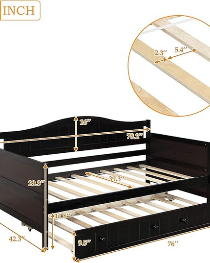 Twin Size Wooden Daybed, with Trundle and Wood Slat Support, Traditional Lodge Beadboard Design & Classic Arch Profile, Suitable for Children's Room, Guest-Room, Living-Room - LeafyLoom