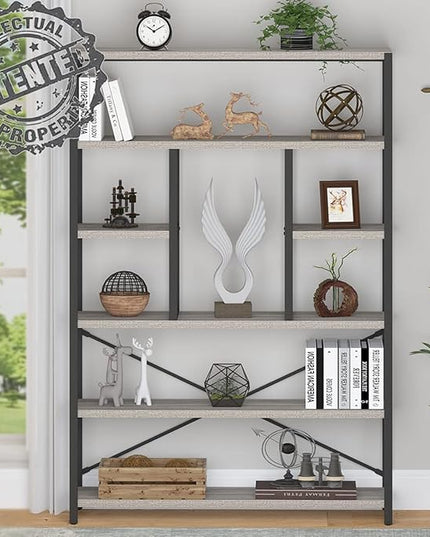 LVB Industrial 6 Tier Bookshelf, Large Tall Open Rustic Vintage Etagere Bookcase, Gray Big Wide Modern Farmhouse Wood and Metal Book Shelf for Home Bedroom Living Room Office Storage, Light Grey Oak - LeafyLoom