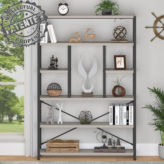 LVB Industrial 6 Tier Bookshelf, Large Tall Open Rustic Vintage Etagere Bookcase, Gray Big Wide Modern Farmhouse Wood and Metal Book Shelf for Home Bedroom Living Room Office Storage, Light Grey Oak - LeafyLoom