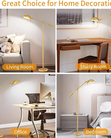 Gold Floor Lamp with Remote Control and Stepless Dimmable Color Temperature and Brightness Reading Standing Lamp with Adjustable Swing Arm for Living Room Bedroom Office, 9W Bulb Included - LeafyLoom