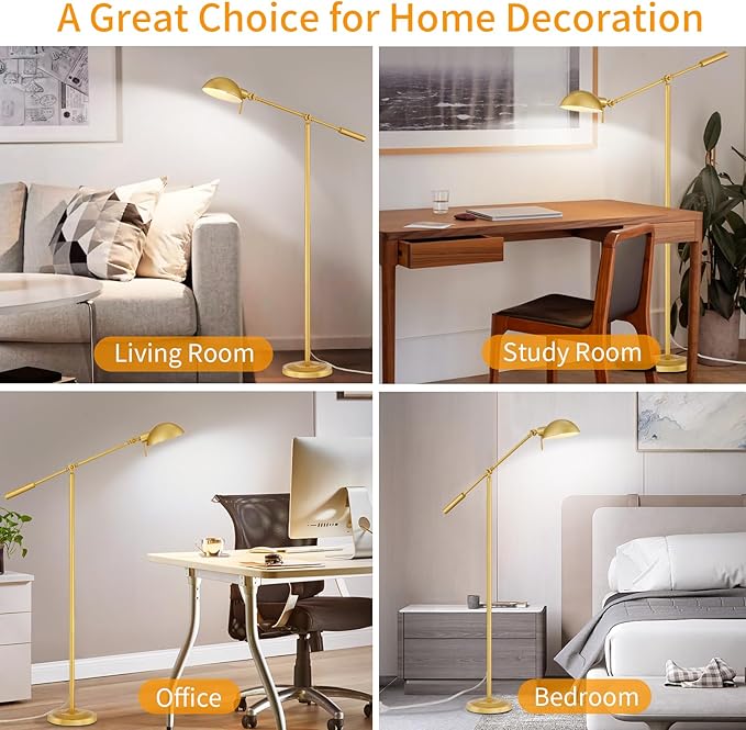 Gold Floor Lamp with Remote Control and Stepless Dimmable Color Temperature and Brightness Reading Standing Lamp with Adjustable Swing Arm for Living Room Bedroom Office, 9W Bulb Included - LeafyLoom