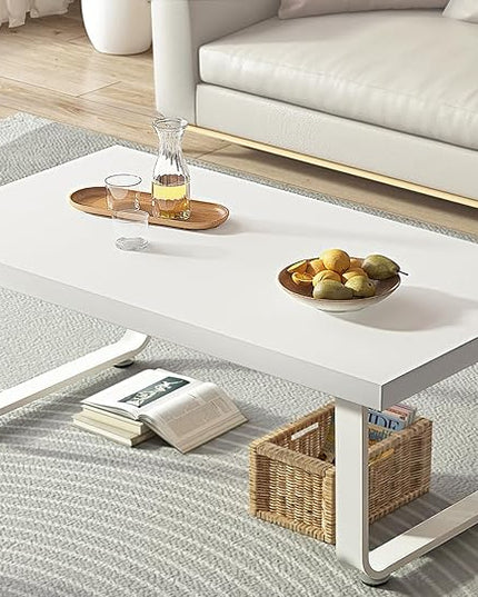 HSH White Coffee Table, Modern Simple Rectangle Living Room Table, Industrial Wood and Metal Legs Center Table for Bedroom, Farmhouse Minimalist Wooden Cocktail Tea Coffee Table, White Oak, 47 Inch - LeafyLoom