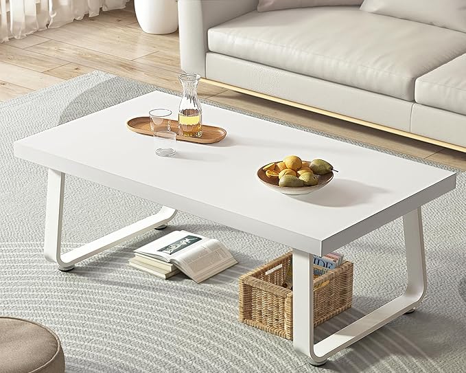 HSH White Coffee Table, Modern Simple Rectangle Living Room Table, Industrial Wood and Metal Legs Center Table for Bedroom, Farmhouse Minimalist Wooden Cocktail Tea Coffee Table, White Oak, 47 Inch - LeafyLoom