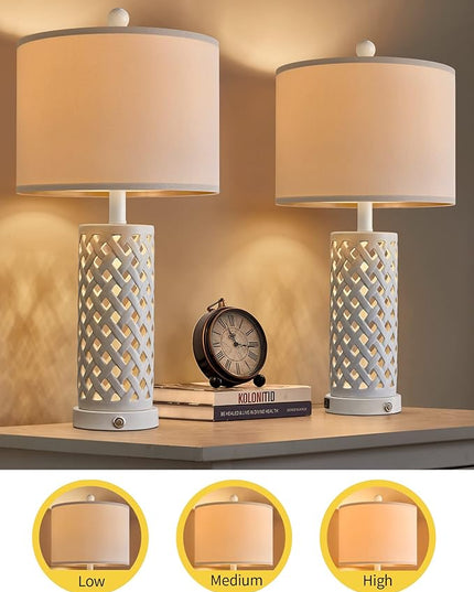 OYEARS 24.75'' Touch Control Table Lamp 3-Way Dimmable Bedroom Nightstand Set of 2 for Living Room Farmhouse Vintage Retro USB Bedside Ceramic Lamps with Linen Shade for Home Office (Bulb Included) - LeafyLoom