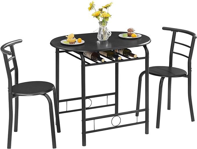 VECELO 3 Piece Small Round Dining Table Set for Kitchen Breakfast Nook, Wood Grain Tabletop with Wine Storage Rack, Save Space, 31.5", Matte Black - LeafyLoom