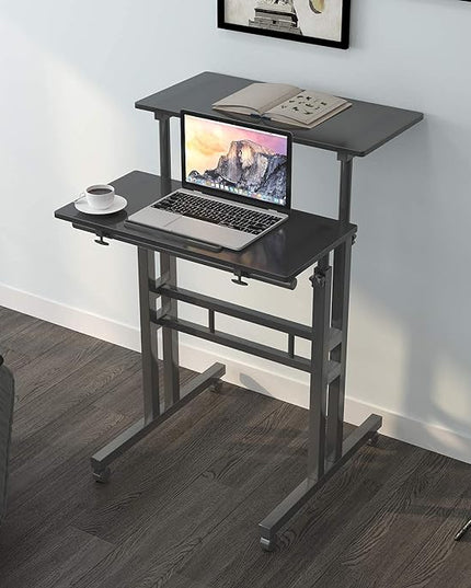 sogesfurniture Mobile Standing Desk Laptop Workstation on Wheels, Adjustable Computer Desk for Standing or Sitting, Black 101-BK - LeafyLoom