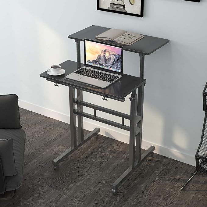 sogesfurniture Mobile Standing Desk Laptop Workstation on Wheels, Adjustable Computer Desk for Standing or Sitting, Black 101-BK - LeafyLoom