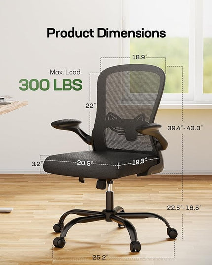 Marsail Office Chair Ergonomic-Desk Chair: Mesh Back Home Office Chair with Adjustable Lumbar Support, Computer Desk Chair with Flip-up Armrests Swivel Home Office Task Chair(Bright Black) - LeafyLoom