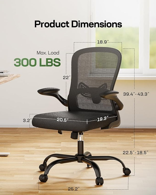 Marsail Office Chair Ergonomic-Desk Chair: Mesh Back Home Office Chair with Adjustable Lumbar Support, Computer Desk Chair with Flip-up Armrests Swivel Home Office Task Chair(Bright Black) - LeafyLoom