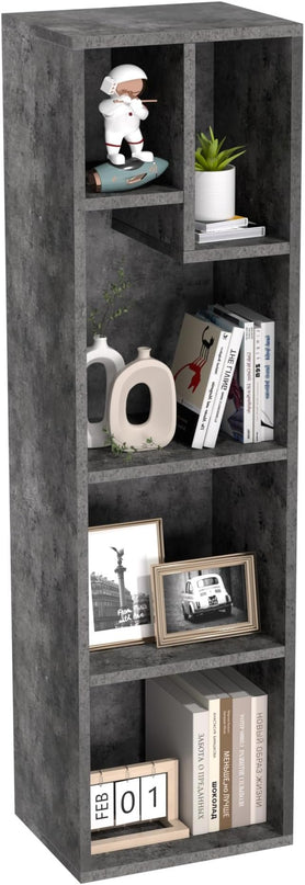 VECELO Small Bookshelf, 5 Cube Slim Bookcase, Fits Tallest Hardcovers, Horizontal Available, Modern Floor Standing Unit, Each Shelf Hold Up to 66 LBS,Modern Gray - LeafyLoom