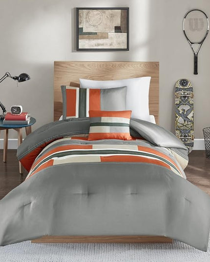 Comfort Spaces Casual Comforter Set Sporty Design, Vibrant Color, Active Lifestyle Boys Bedroom Décor, All Season Soft Microfiber Bedding Set, Decorative Pillow, Sham Grey/Orange Queen 4 Piece - LeafyLoom