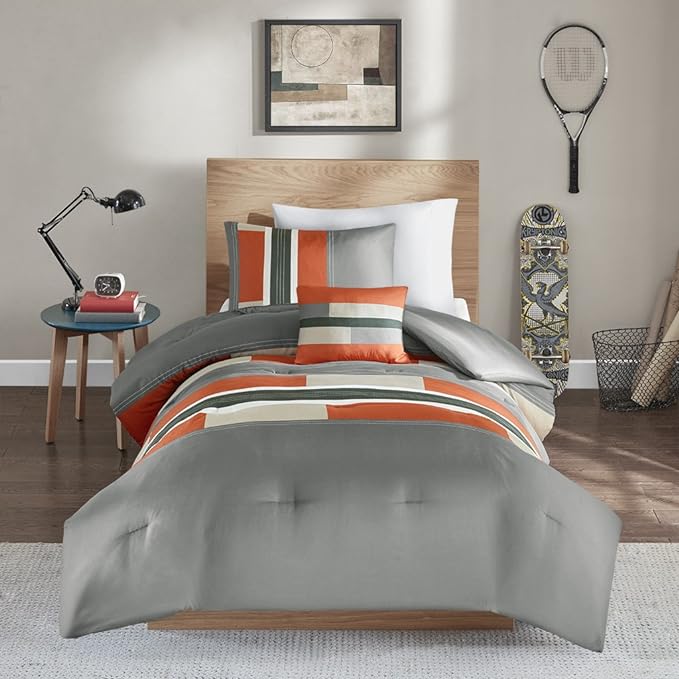 Comfort Spaces Casual Comforter Set Sporty Design, Vibrant Color, Active Lifestyle Boys Bedroom Décor, All Season Soft Microfiber Bedding Set, Decorative Pillow, Sham Grey/Orange Queen 4 Piece - LeafyLoom