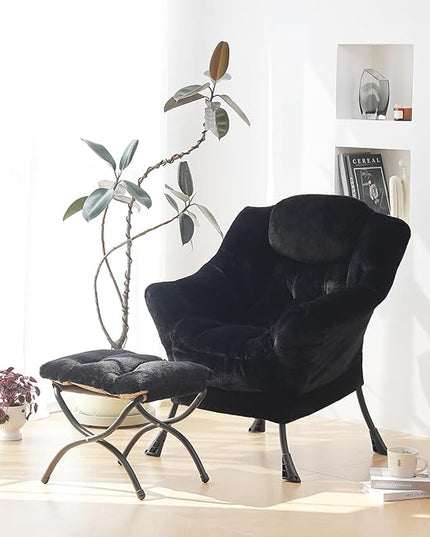 Plush Lazy Chair and Ottoman, Large Contemporary Accent Lounge Chair with Armrests and a Side Pocket, Modern Leisure Upholstered Sofa Reading Armchair with Footrest for Bedroom, Living Room - LeafyLoom