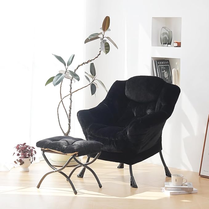 Plush Lazy Chair and Ottoman, Large Contemporary Accent Lounge Chair with Armrests and a Side Pocket, Modern Leisure Upholstered Sofa Reading Armchair with Footrest for Bedroom, Living Room - LeafyLoom