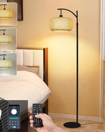Arc Floor Lamps, Bamboo Floor Lamp with Remote & Dimmable LED Bulb, Boho Rattan Pole Lamps with Bamboo & Fabric Shades, Rustic Standing Lamps for Living Room Bedroom Tall Reading Light - LeafyLoom
