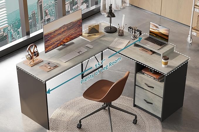 Bestier L Shaped Desk with Drawers, 55 inch Office L Desk with Reversible File Drawer, Industrial Wood Computer Desk with Monitor Stand (Retro Grey Oak Light) - LeafyLoom