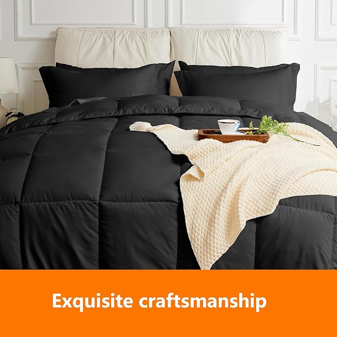 Queen Size Comforter Set - 3 Pieces, 1 Reversible Comforter and 2 Pillowcases,Soft Quilted Warm Fluffy Cooling Bedding for All Season,Black - LeafyLoom