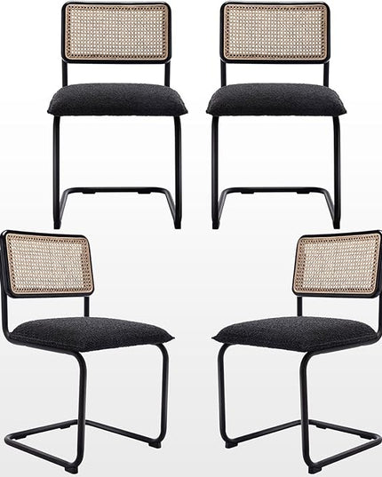 Zesthouse Rattan Dining Chairs Set of 4, Upholstered Boucle Kitchen Chairs, Mid Century Modern Breuer Designed Chairs, Armless Accent Chairs with Natural Cane Back & Stainless Chrome Base - LeafyLoom