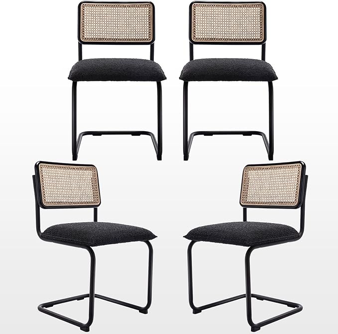 Zesthouse Rattan Dining Chairs Set of 4, Upholstered Boucle Kitchen Chairs, Mid Century Modern Breuer Designed Chairs, Armless Accent Chairs with Natural Cane Back & Stainless Chrome Base - LeafyLoom