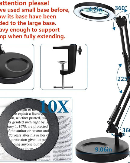 10X Magnifying Glass with Light, HITTI 1,800 Lumens Stepless Dimmable, 3 Color Modes, 4.2″ Real Glass Lens LED Desk Lamp & Clamp, Magnifier Light and Stand for Crafts Welding Close Work - LeafyLoom