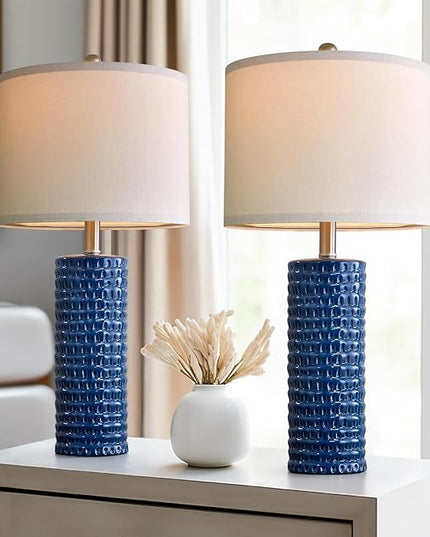 PORTRES 24.75" Modern Accent Ceramic Table Lamp Set of 2 for Bedroom Desk Decor Bedside Lamps for Living Room Study Room Office Dorm Farmhouse Nightstand Lamp End Table Lamps (Blue) - LeafyLoom