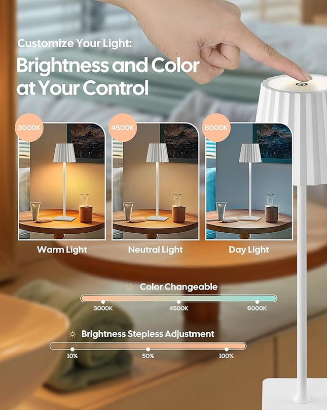 Cordless LED Table Lamps White Desk Lamp with 5200mAh Battery Operated, Touch Control, 3 Colors Stepless Dimming for Home Office Restaurant Bedroom Bars (2 Pack), TL02WH-2PK - LeafyLoom