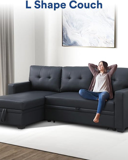 4-in-1 Convertible L Shaped Couch with Pull Out Bed and Storage Sectional Sleeper Sofa with Reversible Chaise for Living Room, Apartment, Bedroom, Office, Jet Black - LeafyLoom