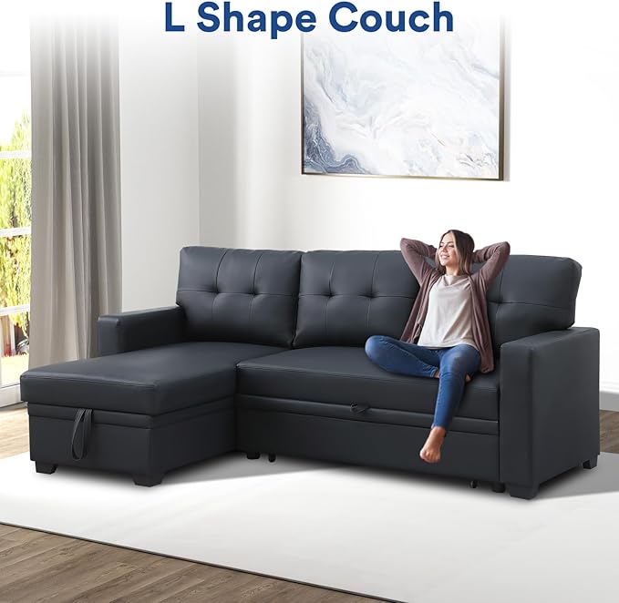 4-in-1 Convertible L Shaped Couch with Pull Out Bed and Storage Sectional Sleeper Sofa with Reversible Chaise for Living Room, Apartment, Bedroom, Office, Jet Black - LeafyLoom
