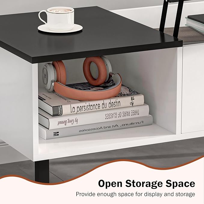 Lift Top Coffee Table with Storage, Black and White Modern Coffee Table for Living Room & Small Space, Wood Lifting Top Coffee Table with Adjustable Metal Legs, Open Shelf - LeafyLoom