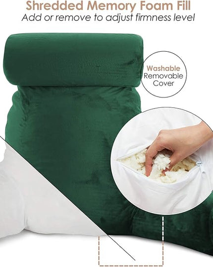 Clara Clark Reading Pillow, Large Back Pillow for Sitting Up in Bed, Memory Foam Back Support Pillow, Reading Pillows for Sitting in Bed Adult, Dark Green Sit Up Pillow for Bed with Arms and Pockets - LeafyLoom