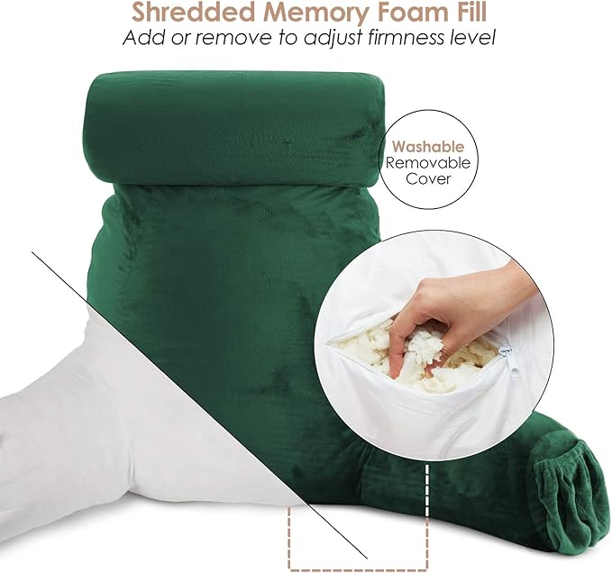 Clara Clark Reading Pillow, Large Back Pillow for Sitting Up in Bed, Memory Foam Back Support Pillow, Reading Pillows for Sitting in Bed Adult, Dark Green Sit Up Pillow for Bed with Arms and Pockets - LeafyLoom