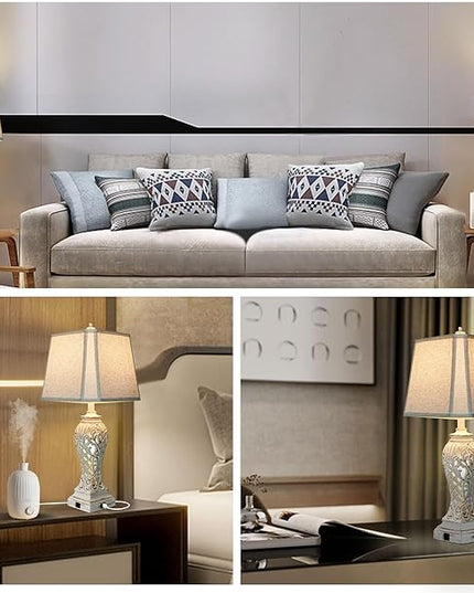 Set of 2 Table Lamps for Bedroom Living Room, Bedside Lamp with Fabric Shades, 29'' Tall Coastal Nautical Lamp with USB and Nightlight - LeafyLoom