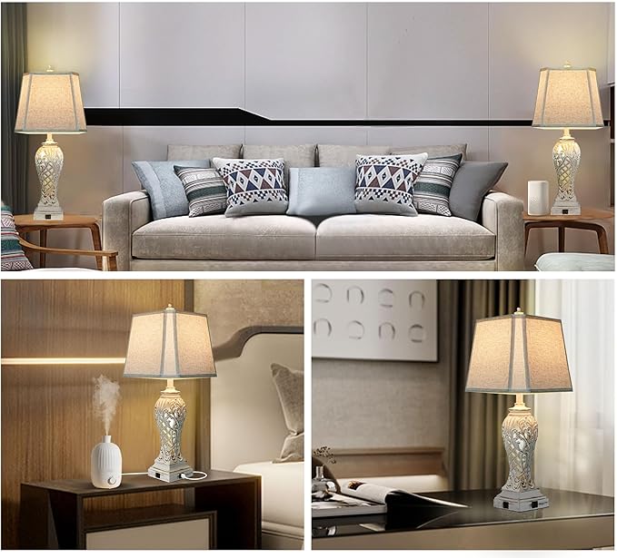 Set of 2 Table Lamps for Bedroom Living Room, Bedside Lamp with Fabric Shades, 29'' Tall Coastal Nautical Lamp with USB and Nightlight - LeafyLoom